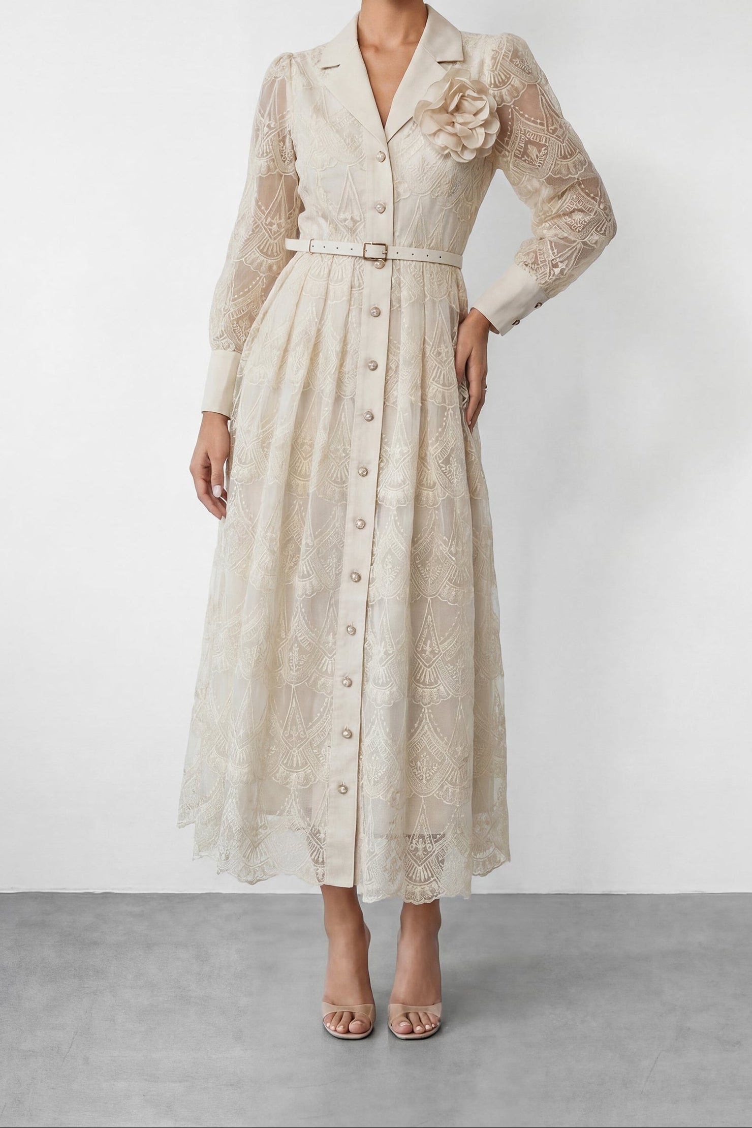 CREAM 3D ROSE BROOCH BELTED MIDI SHIRT DRESS