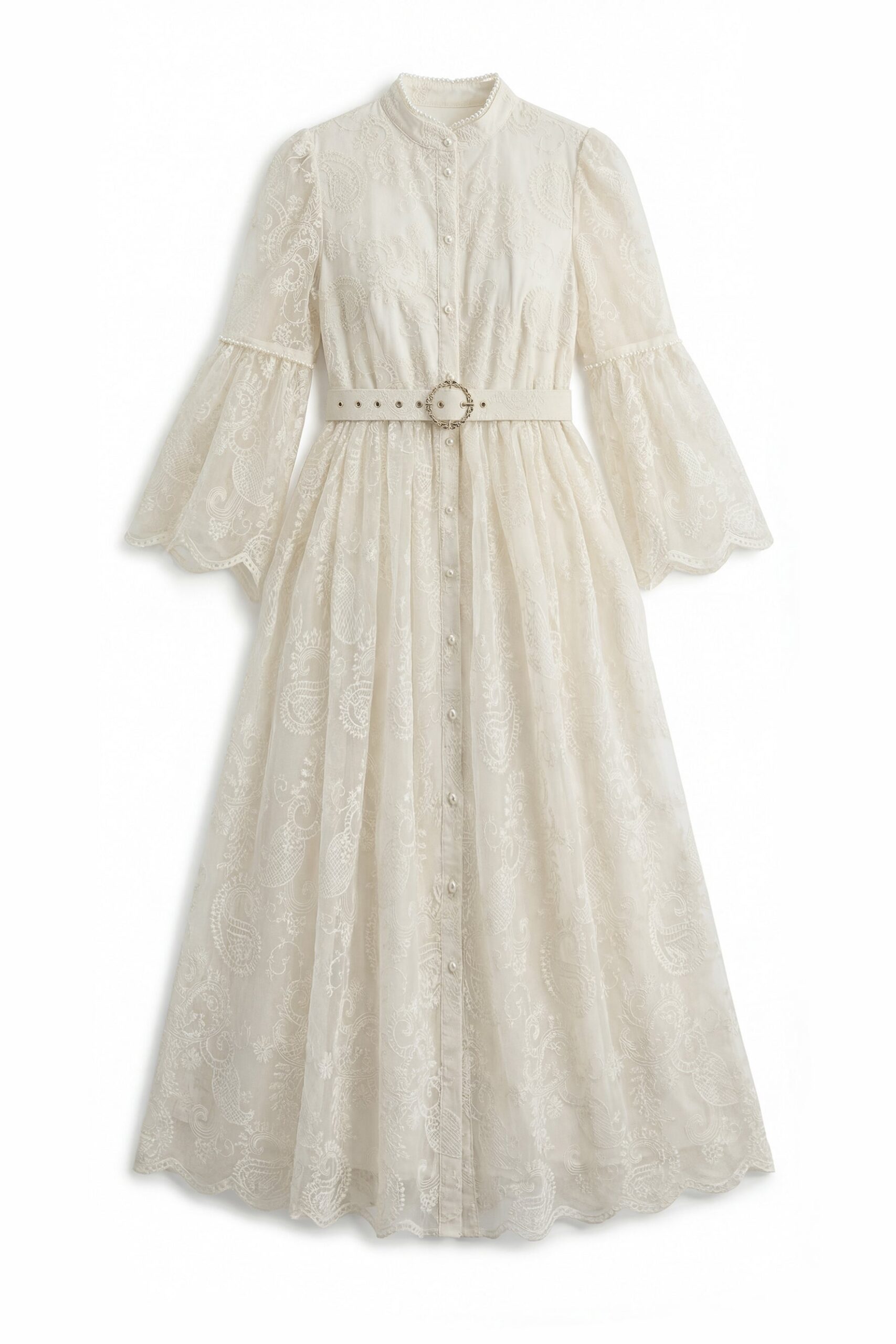 CREAM LACE STAND COLLAR BELL SLEEVE BELTED MIDI SHIRT DRESS