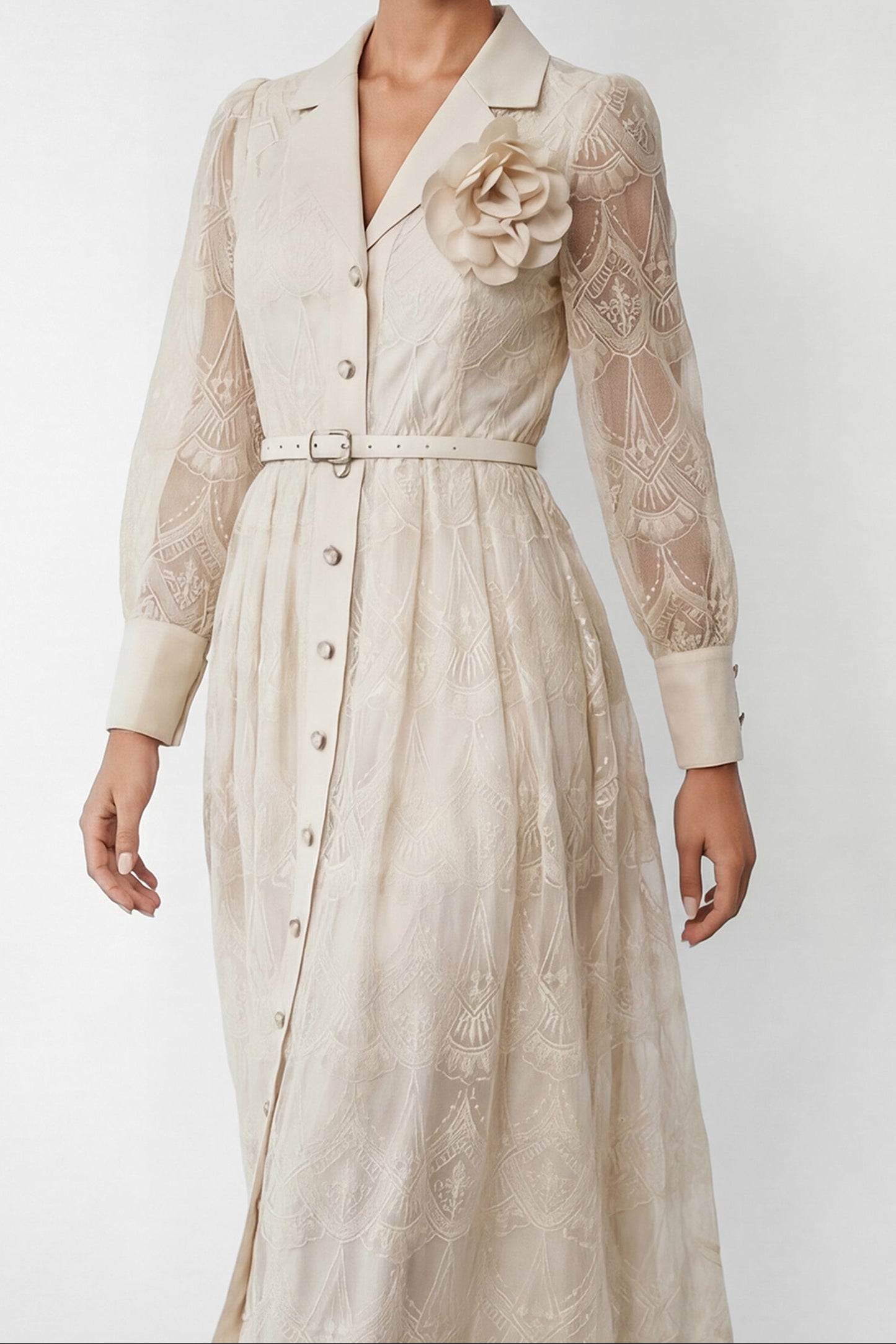 CREAM 3D ROSE BROOCH BELTED MIDI SHIRT DRESS