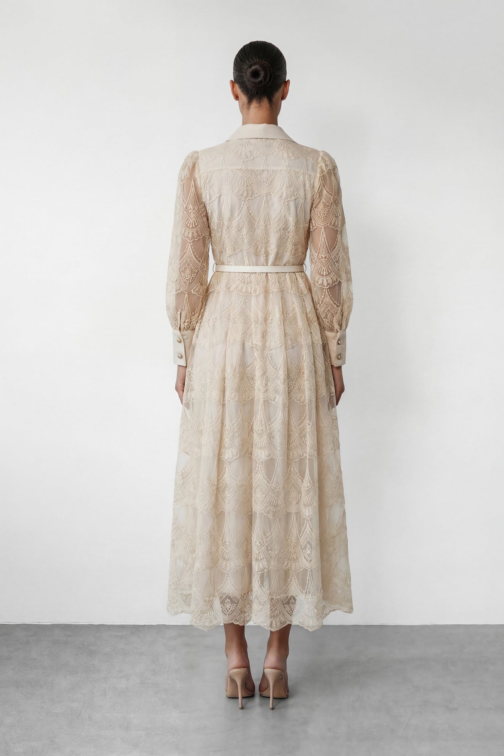 CREAM 3D ROSE BROOCH BELTED MIDI SHIRT DRESS