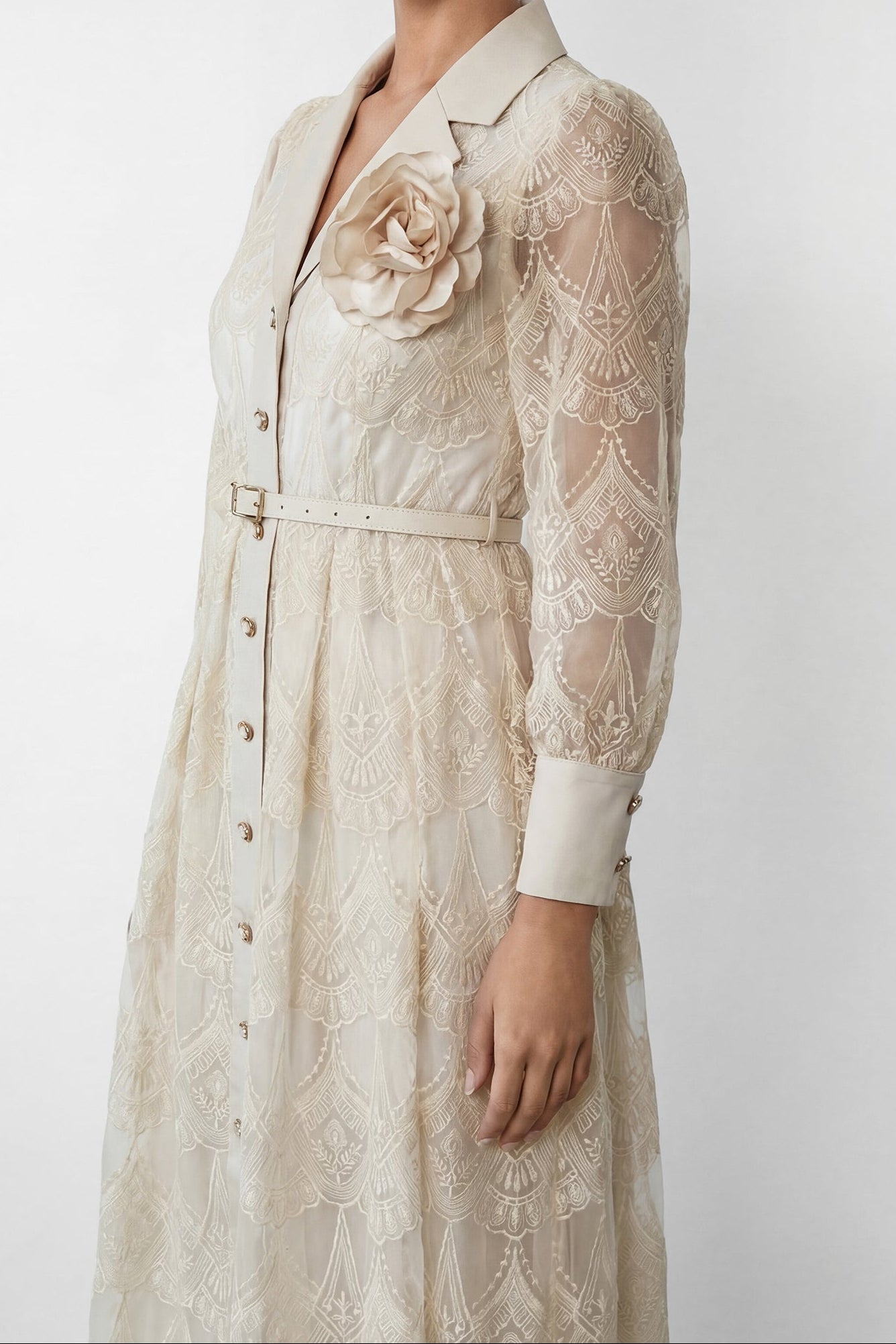 CREAM 3D ROSE BROOCH BELTED MIDI SHIRT DRESS