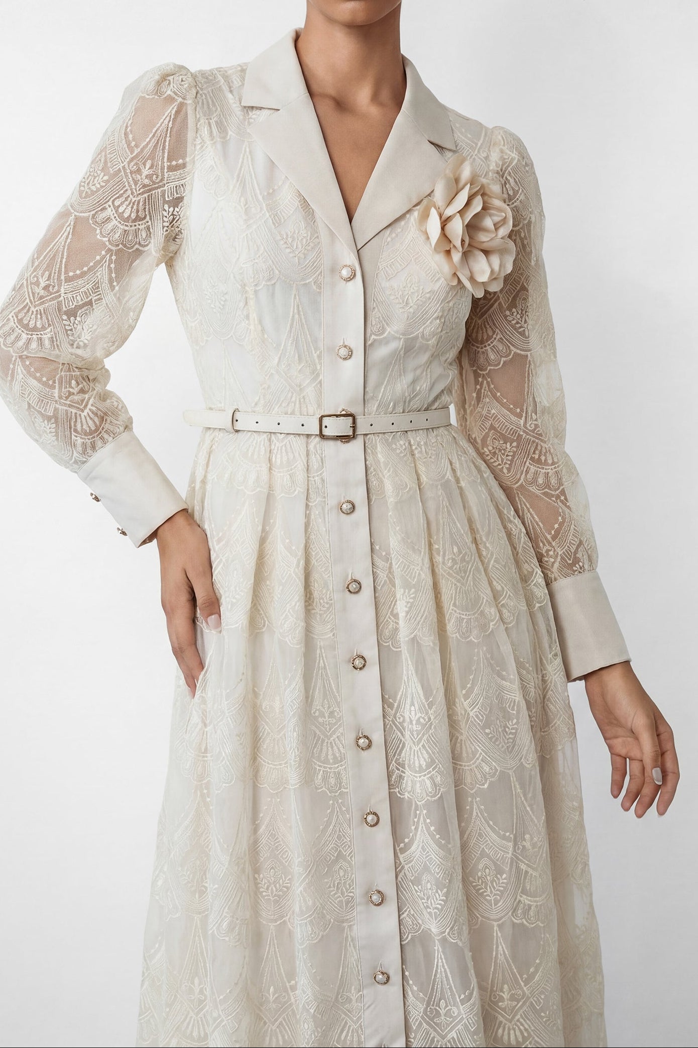 CREAM 3D ROSE BROOCH BELTED MIDI SHIRT DRESS
