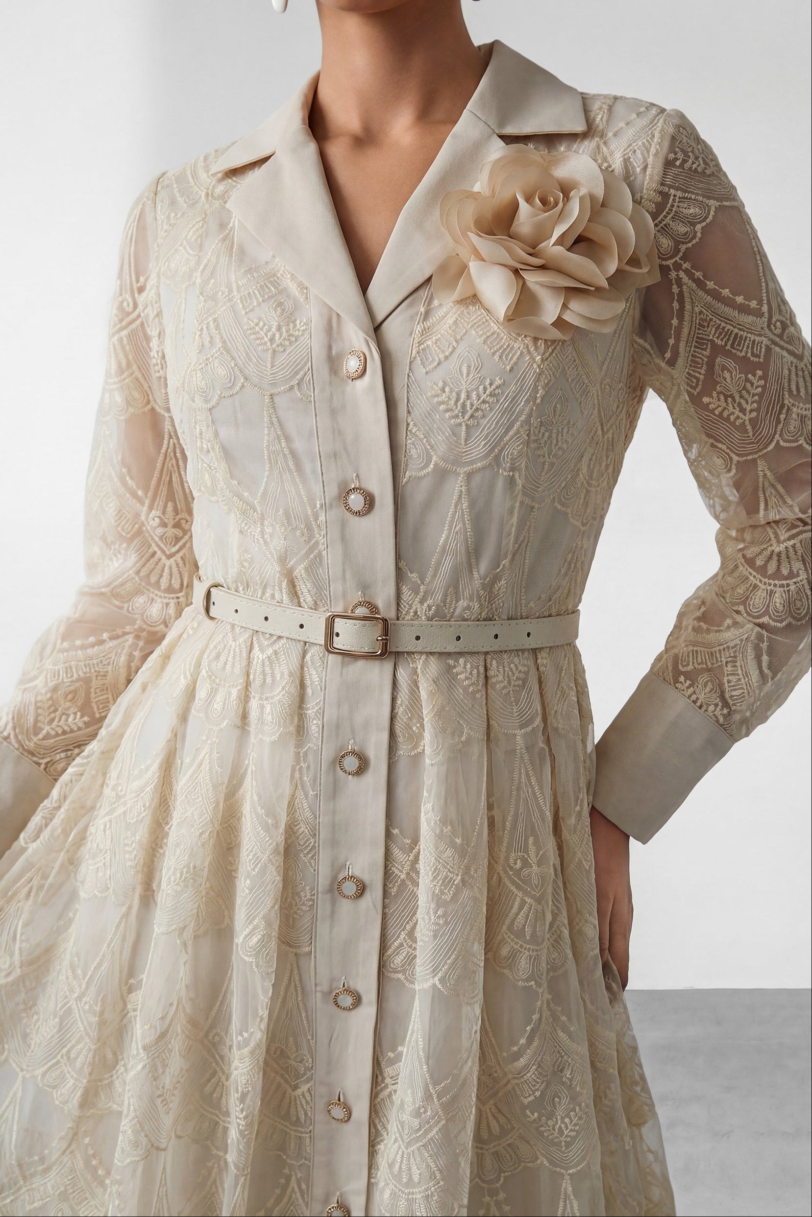 CREAM 3D ROSE BROOCH BELTED MIDI SHIRT DRESS