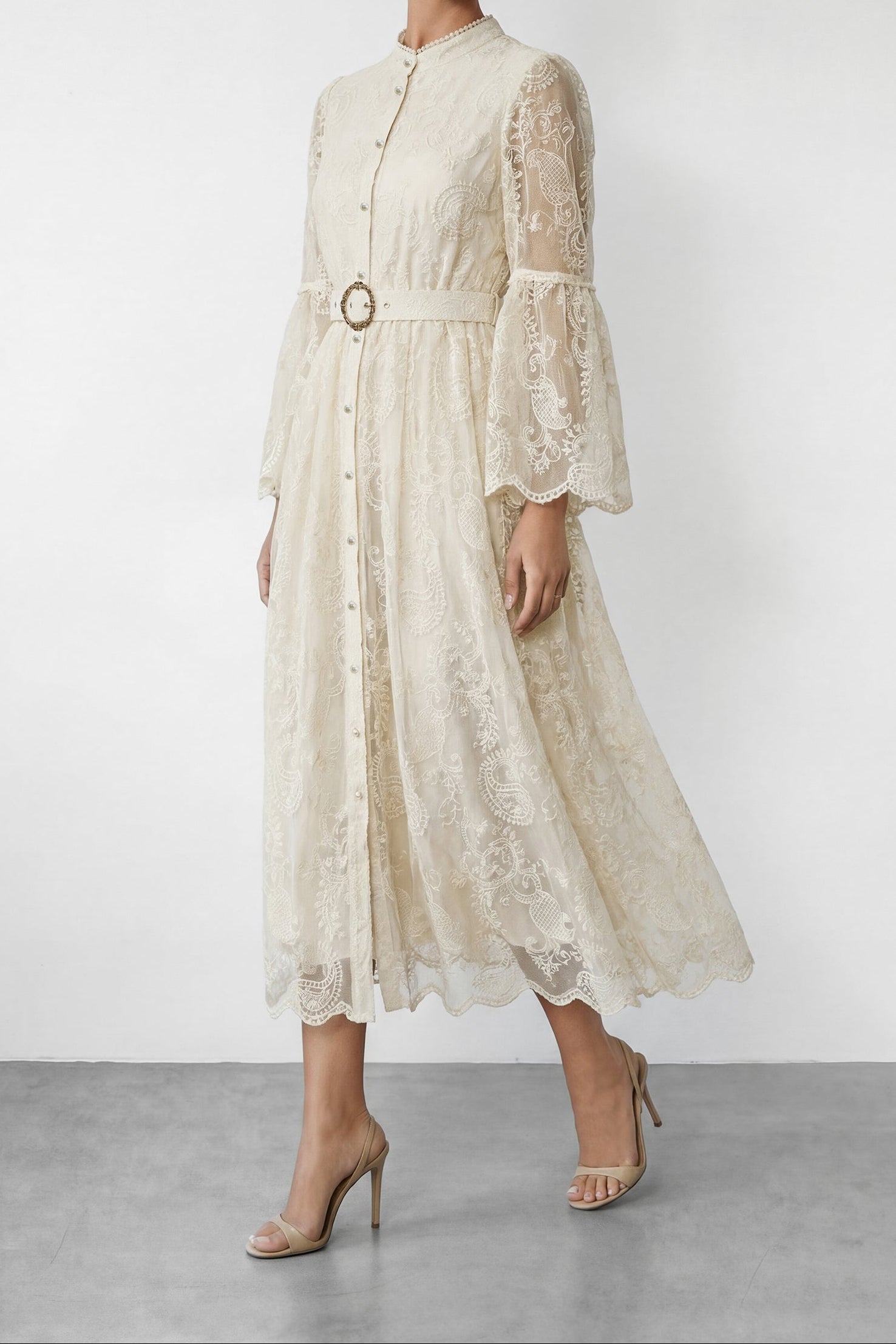 CREAM LACE STAND COLLAR BELL SLEEVE BELTED MIDI SHIRT DRESS