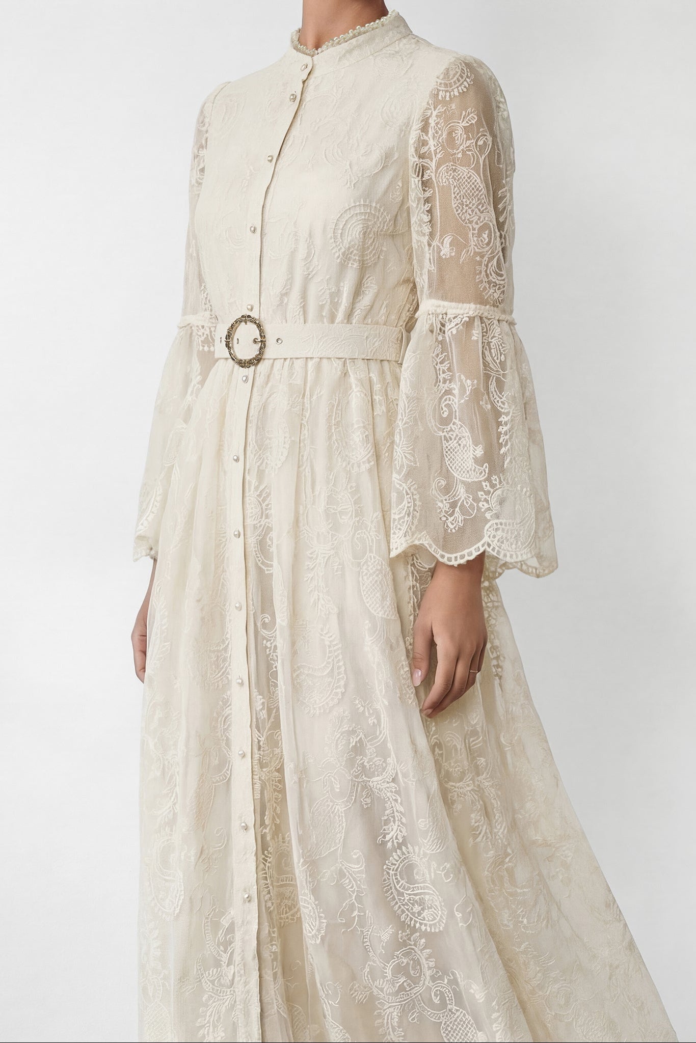 CREAM LACE STAND COLLAR BELL SLEEVE BELTED MIDI SHIRT DRESS