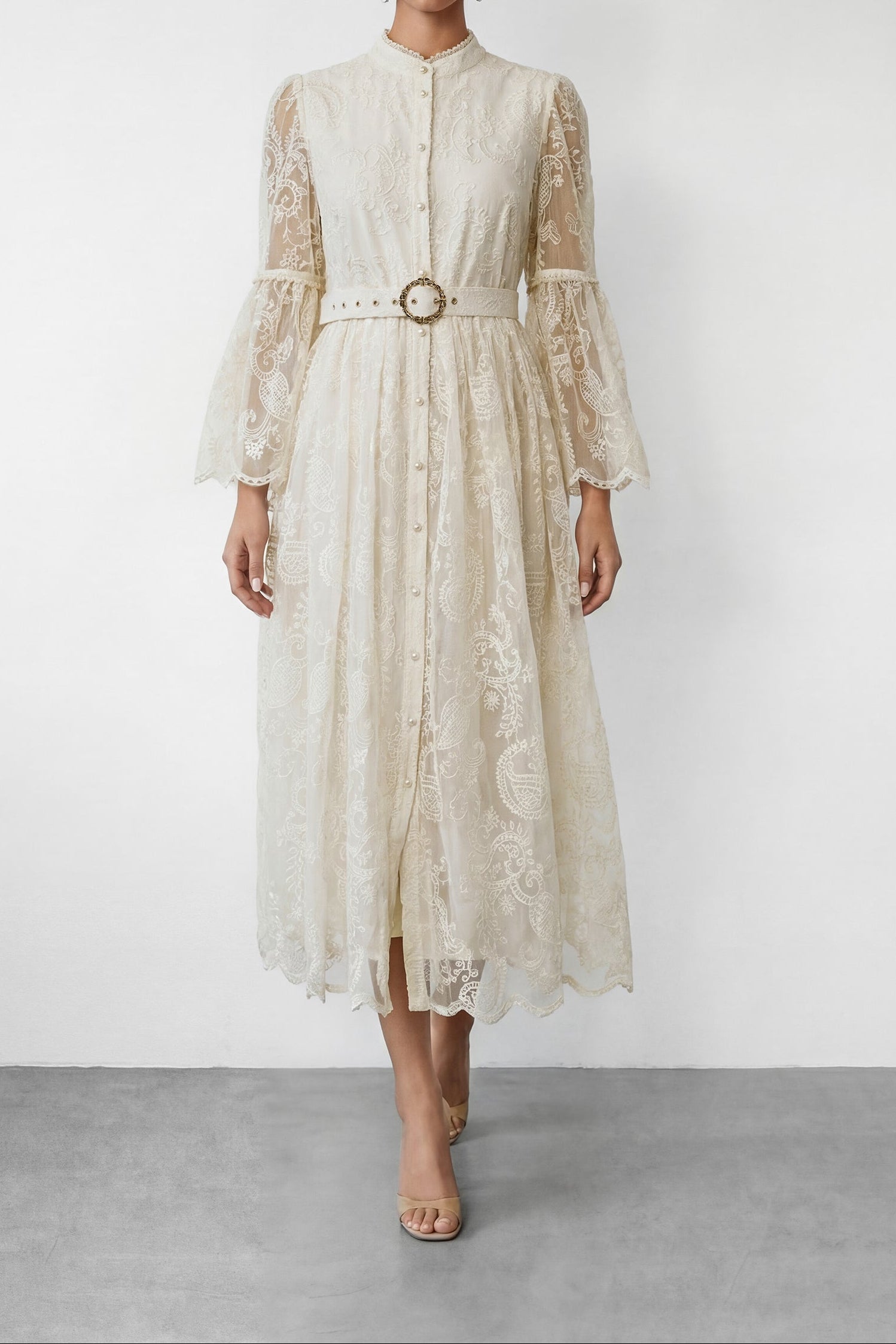 gemini-1774842685887 CREAM LACE STAND COLLAR BELL SLEEVE BELTED MIDI SHIRT DRESS