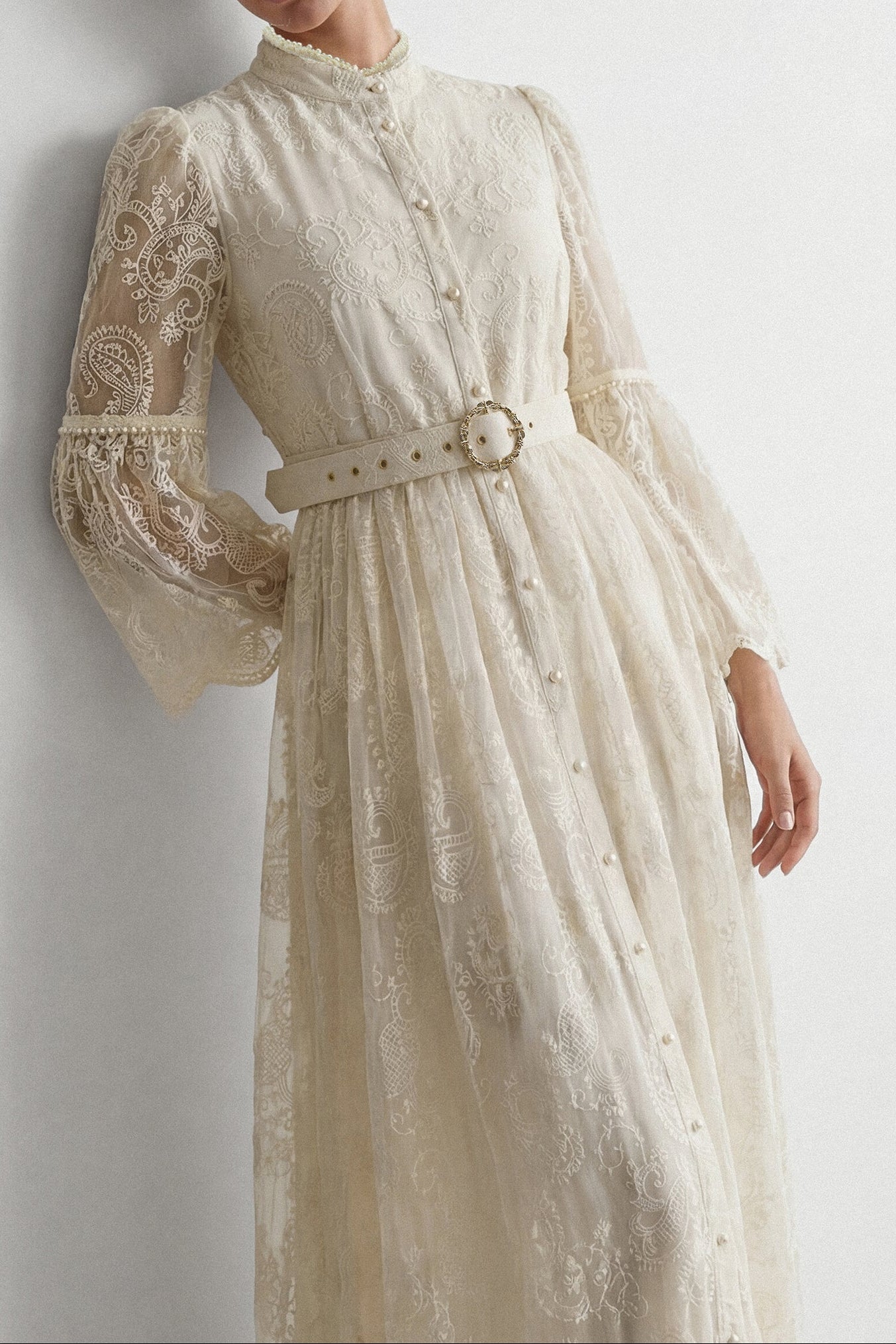 CREAM LACE STAND COLLAR BELL SLEEVE BELTED MIDI SHIRT DRESS