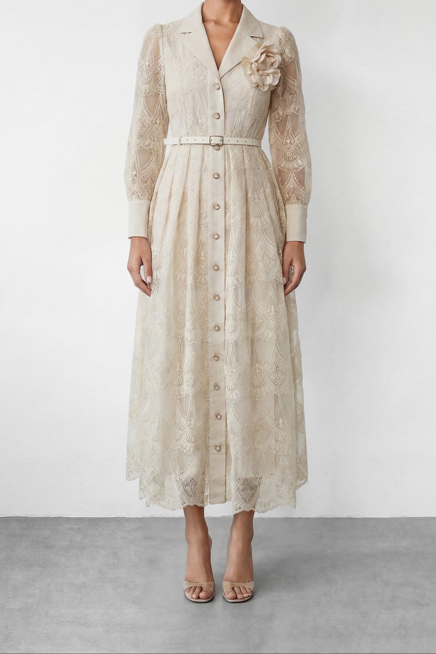 CREAM 3D ROSE BROOCH BELTED MIDI SHIRT DRESS