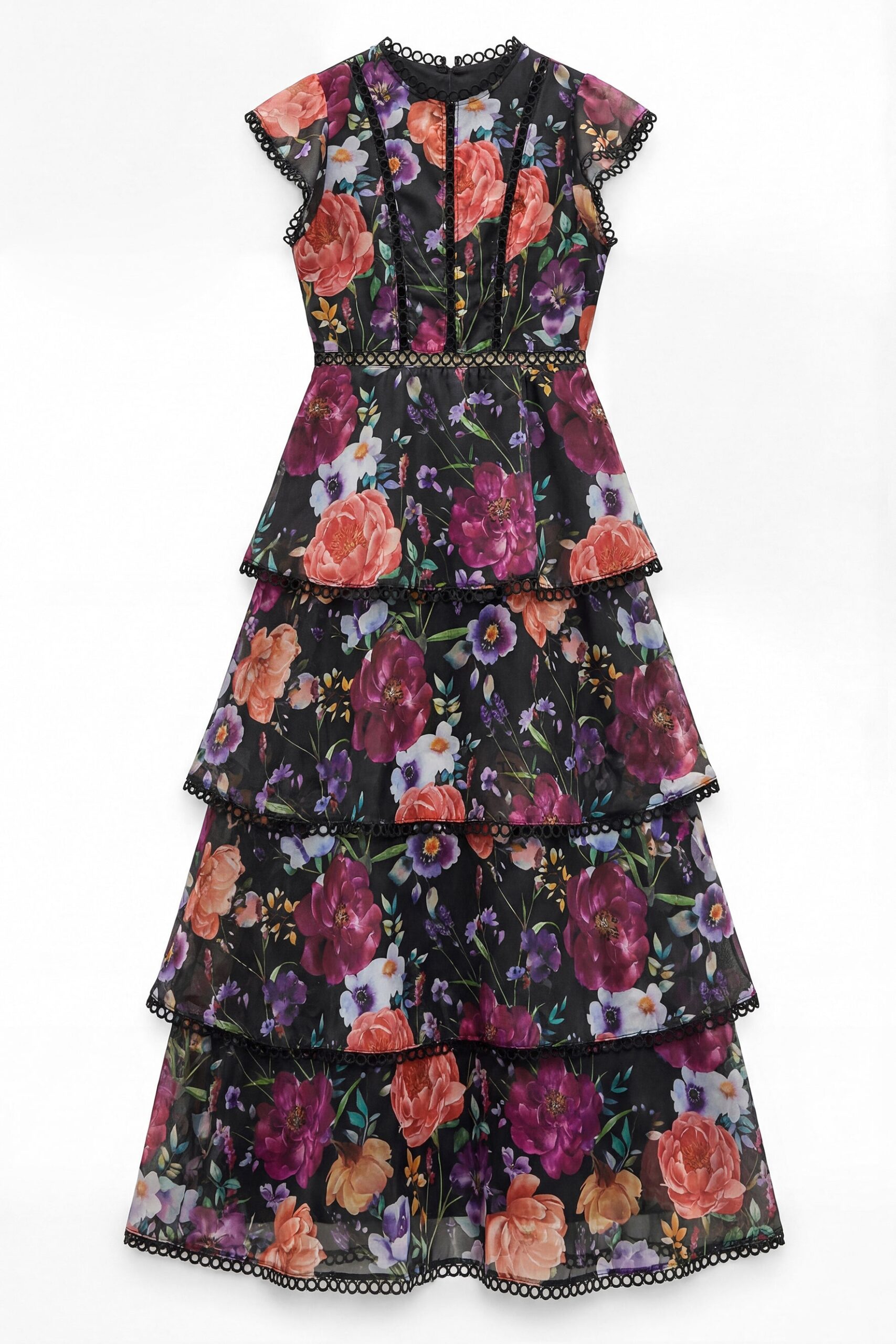 BLACK FLORAL TIERED RUFFLE MAXI DRESS