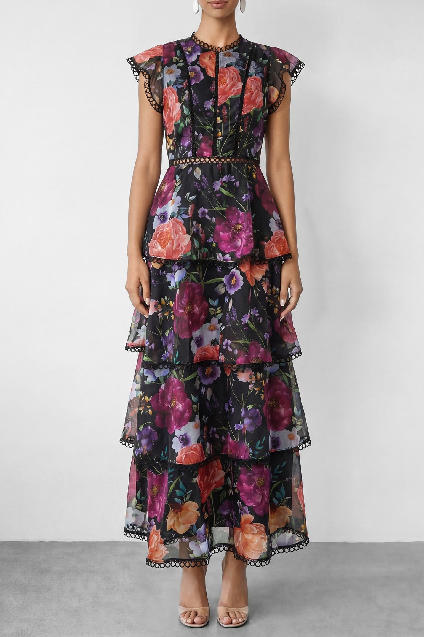 BLACK FLORAL TIERED RUFFLE MAXI DRESS