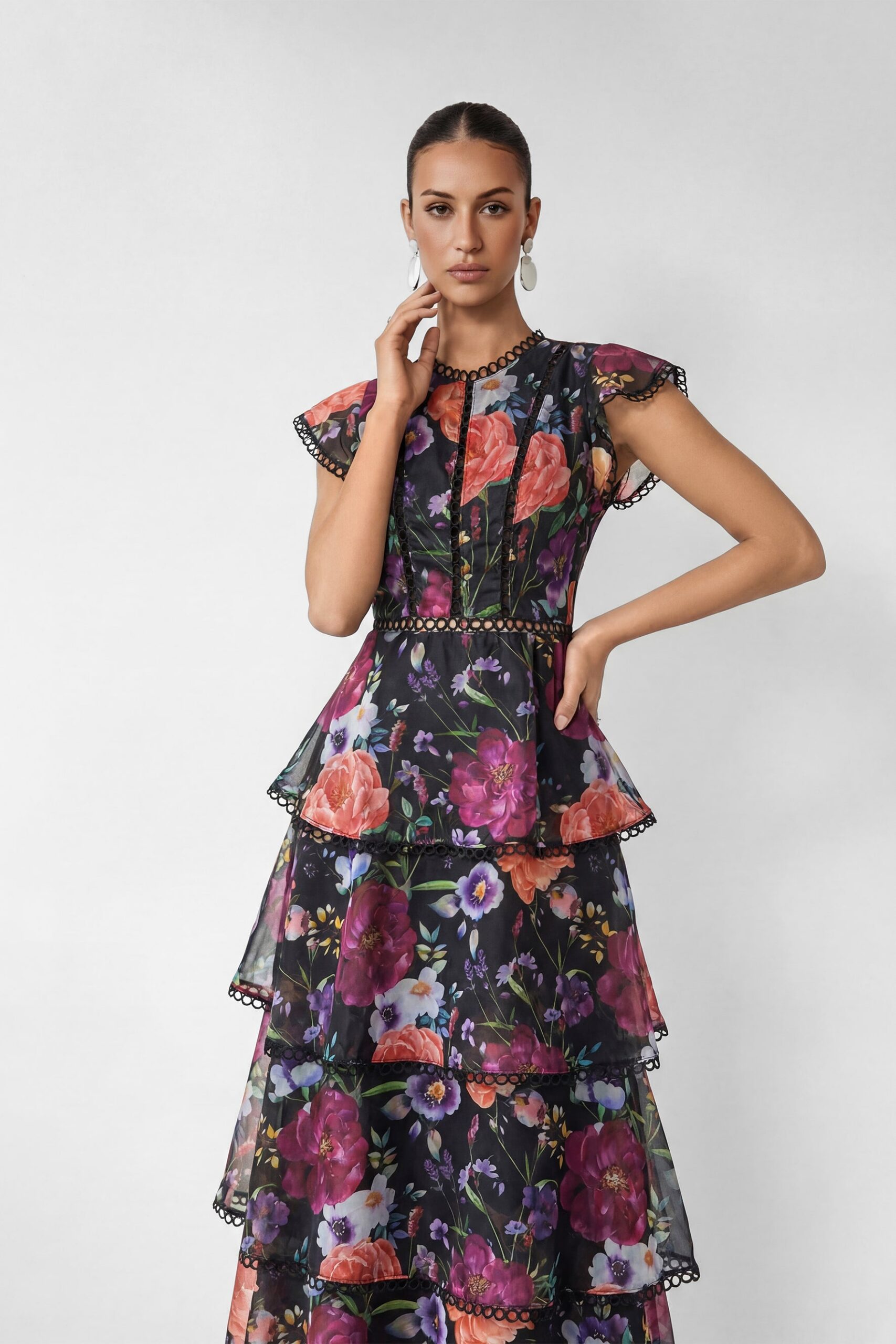 BLACK FLORAL TIERED RUFFLE MAXI DRESS