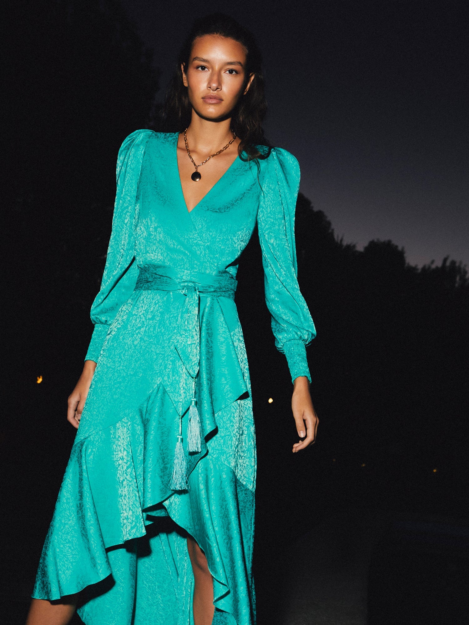 GRACE GREEN JACQUARD WRAP DRESS FOR WEDDING