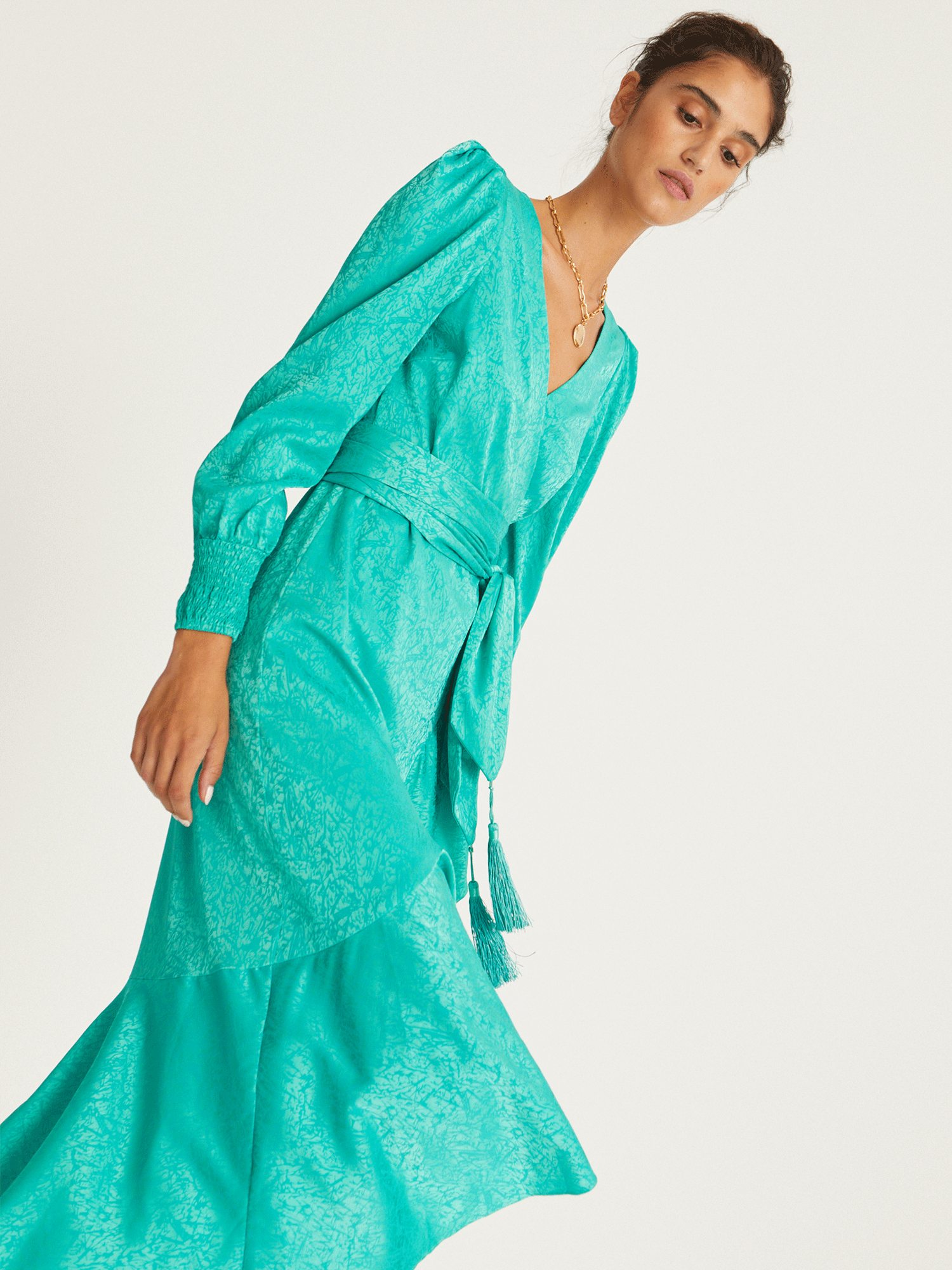 GRACE GREEN JACQUARD WRAP DRESS FOR WEDDING