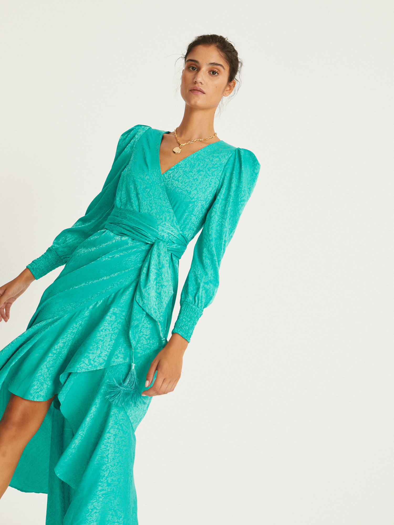 GRACE GREEN JACQUARD WRAP DRESS FOR WEDDING
