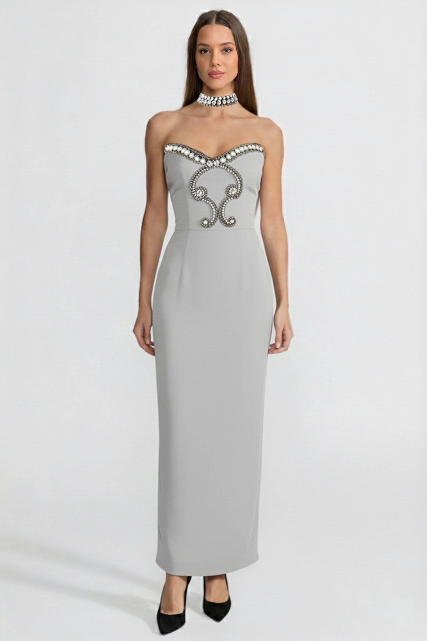 ALYSSA GRAY CRYSTAL STRAPLESS GOWN WITH CHOKER