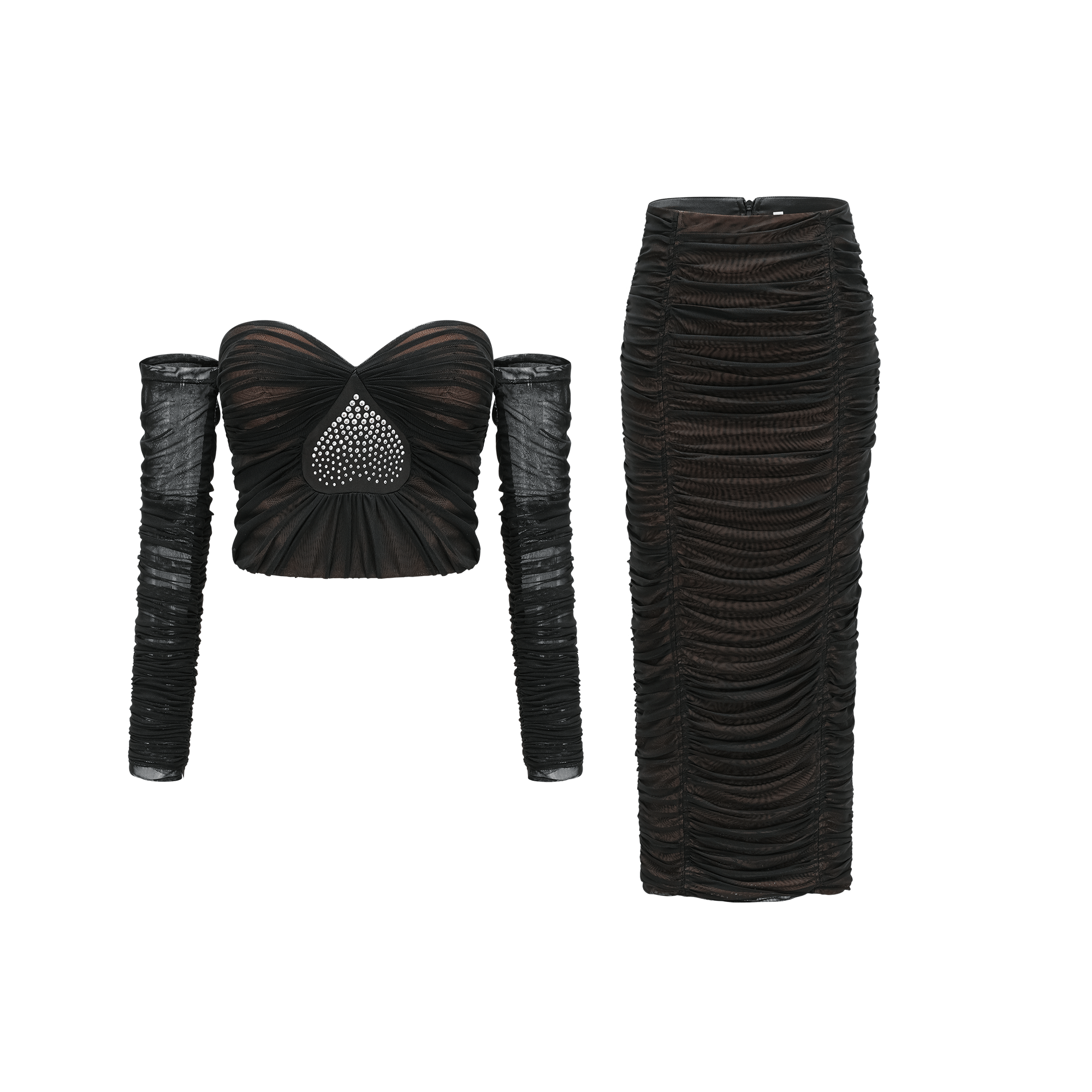 GWENONWY BLACK RUCHED MESH PARTY MATCHING SET