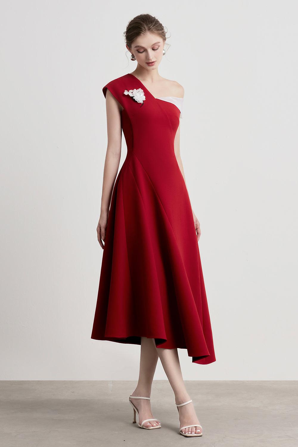 hazel-a-line-asymmetric-sleeved-punto-midi-dress-by-mean-blvd-1 A-LINE ASYMMETRIC SLEEVE MIDI DRESS FOR PARTY