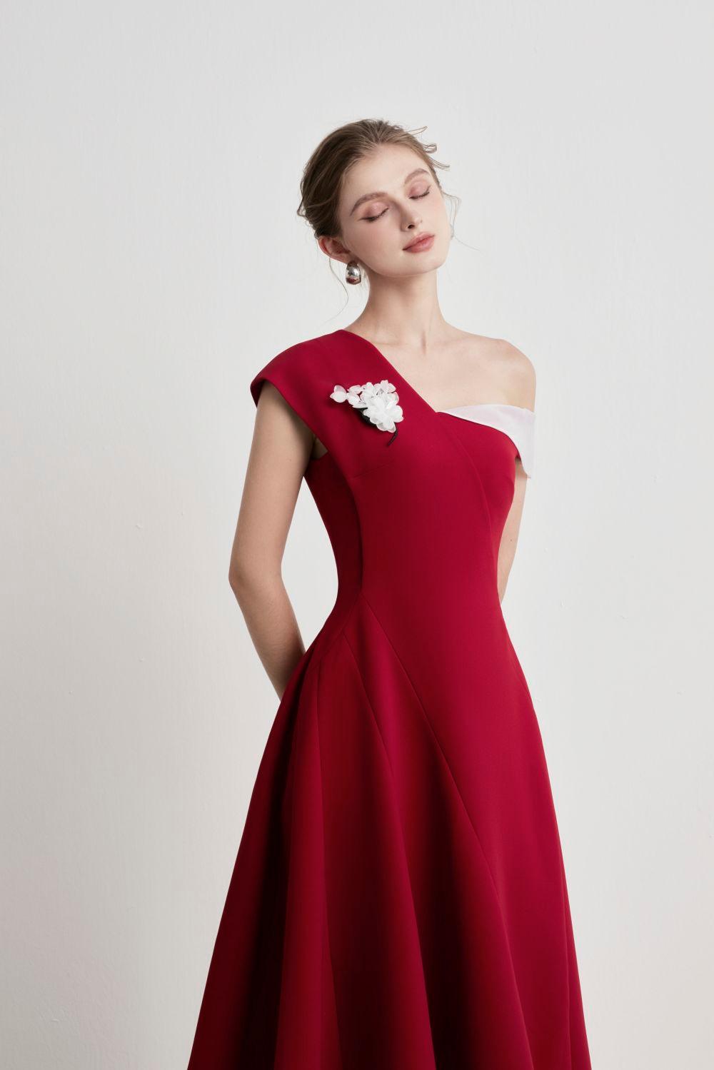 A-LINE ASYMMETRIC SLEEVE MIDI DRESS FOR PARTY