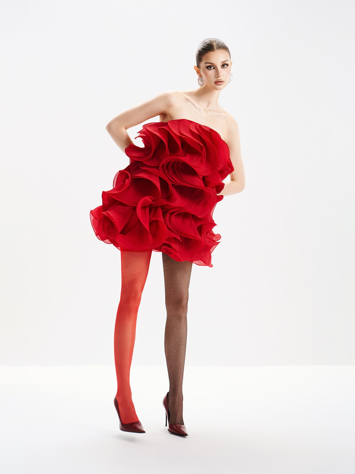 VERNA MULTI-LAYERED 3D PLEATED RED MINI DRESS