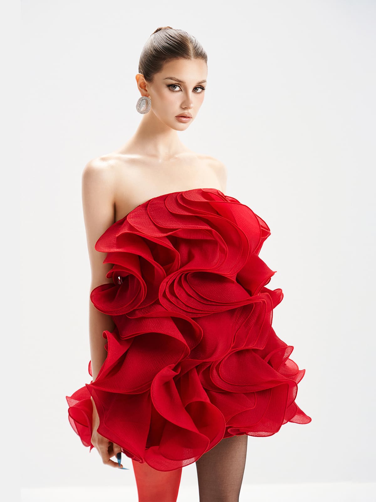 VERNA MULTI-LAYERED 3D PLEATED RED MINI DRESS