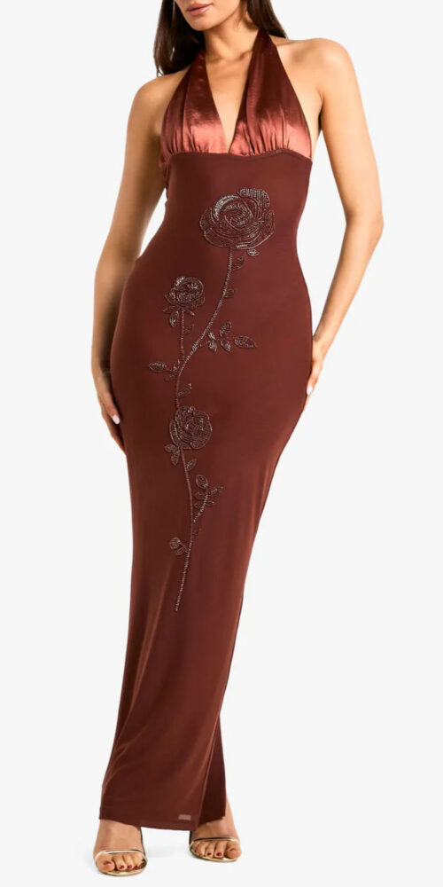 Beaded Floral Satin Halter maxi Dress in brown Beaded Floral Satin Halter maxi Dress in brown