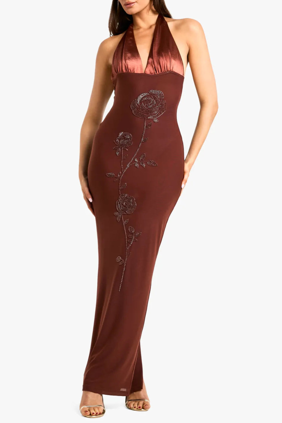 BEADED FLORAL SATIN HALTER MAXI DRESS BROWN