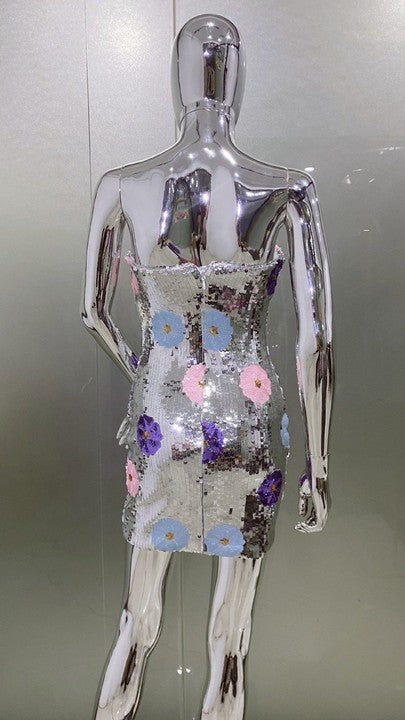 STRAPLESS FLORAL SEQUIN COCKTAIL DRESS