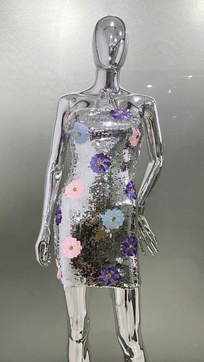 STRAPLESS FLORAL SEQUIN COCKTAIL DRESS