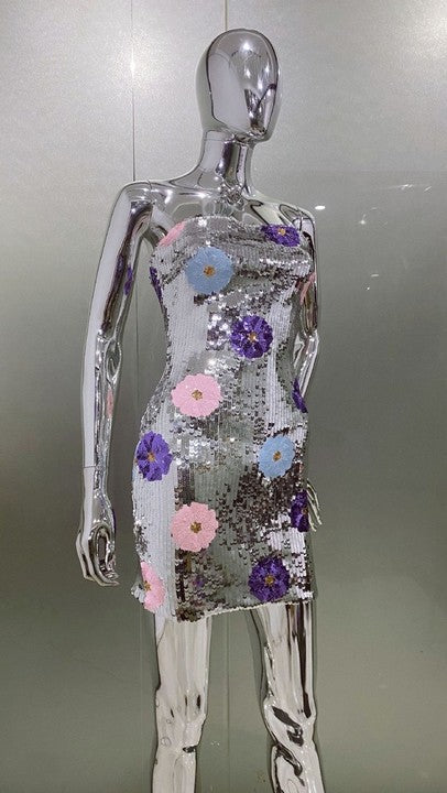 STRAPLESS FLORAL SEQUIN COCKTAIL DRESS