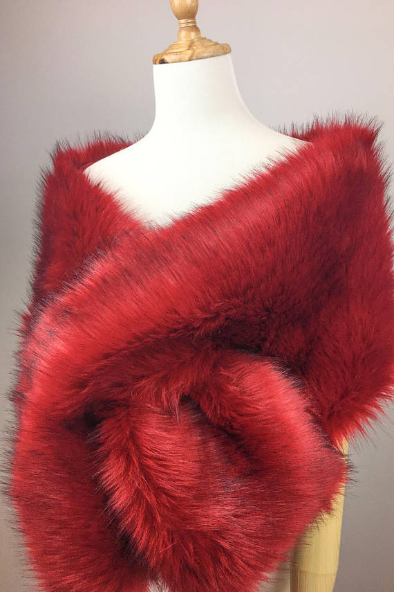 HULDA WINE RED FUR SHAWL - EVENING WRAP