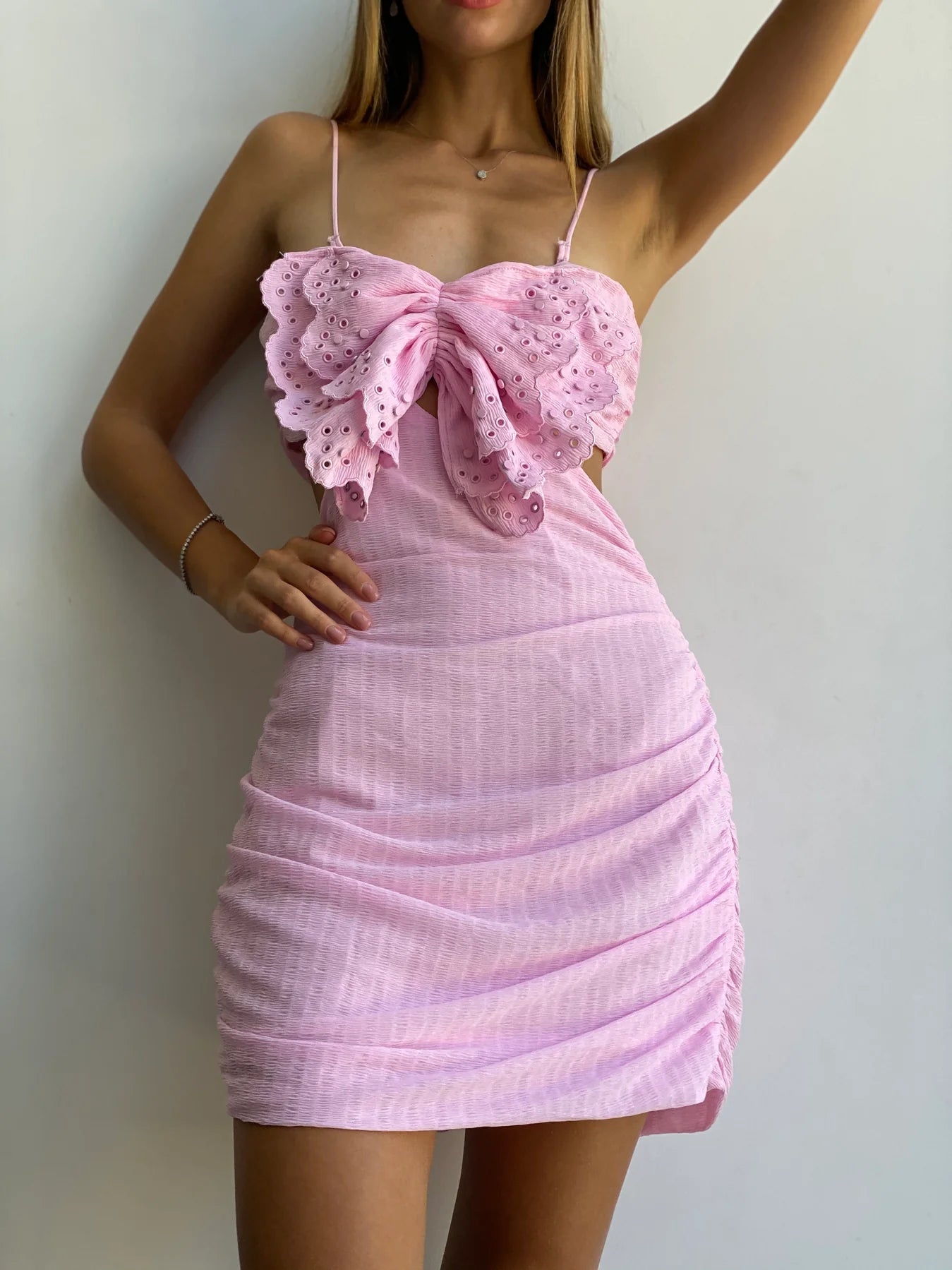 PINK LACE BOW COTTON MINI DRESS FOR PARTY