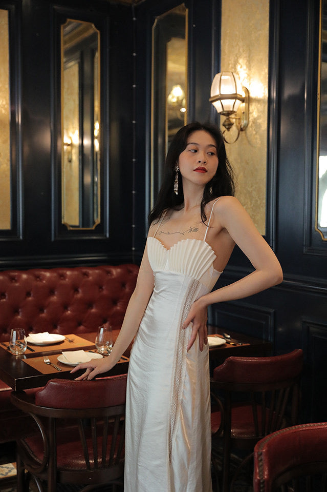 MARJORIE WHITE SATIN PLEATED MIDI DRESS