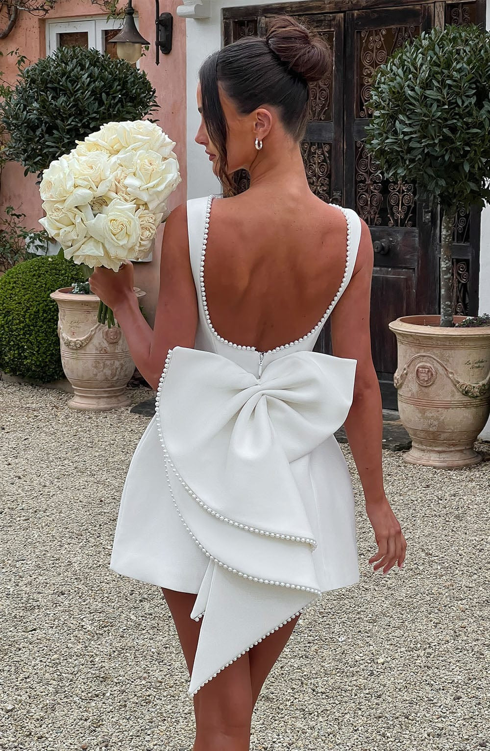 TRISTA BOWKNOT PEARL BACKLESS WHITE MINI DRESS