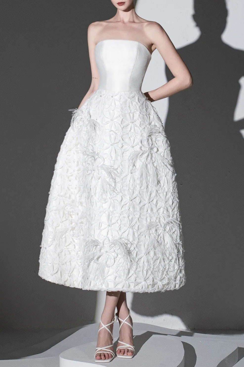 WHITE STRAPLESS MIDI DRESS WITH FLORAL EMBELLISHMENT FOR WEDDING
