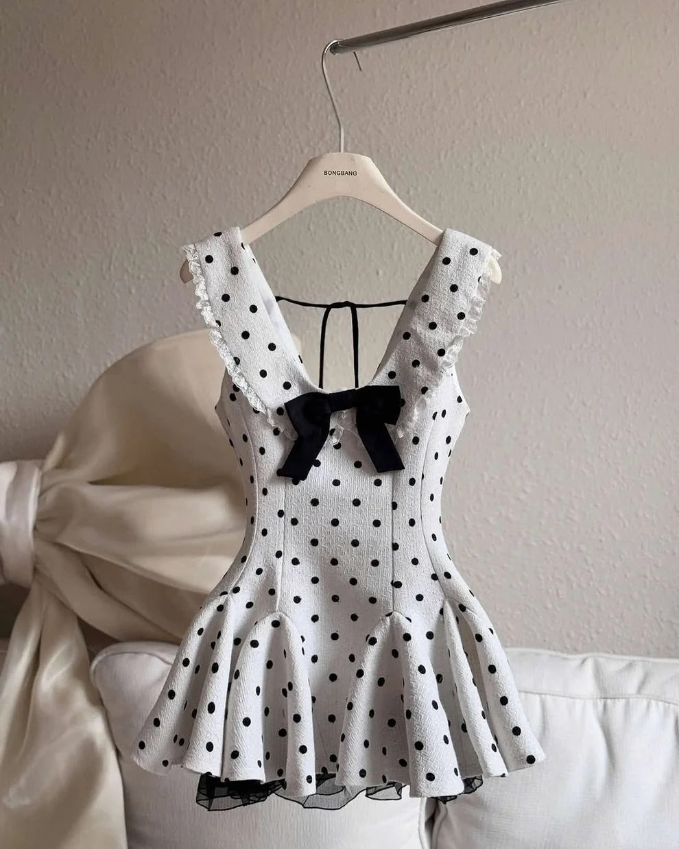 ARLO DOT BOW LACE RUFFLE MINI DRESS