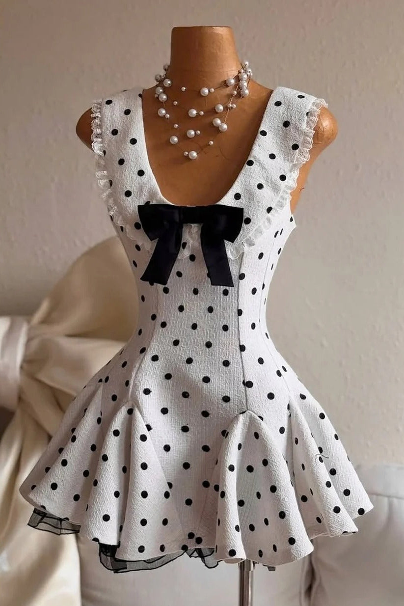 ARLO DOT BOW LACE RUFFLE MINI DRESS