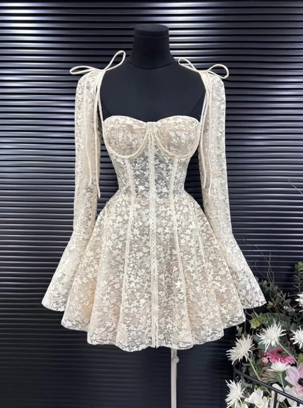 BEIGE LACE MINI DRESS FOR PARTY