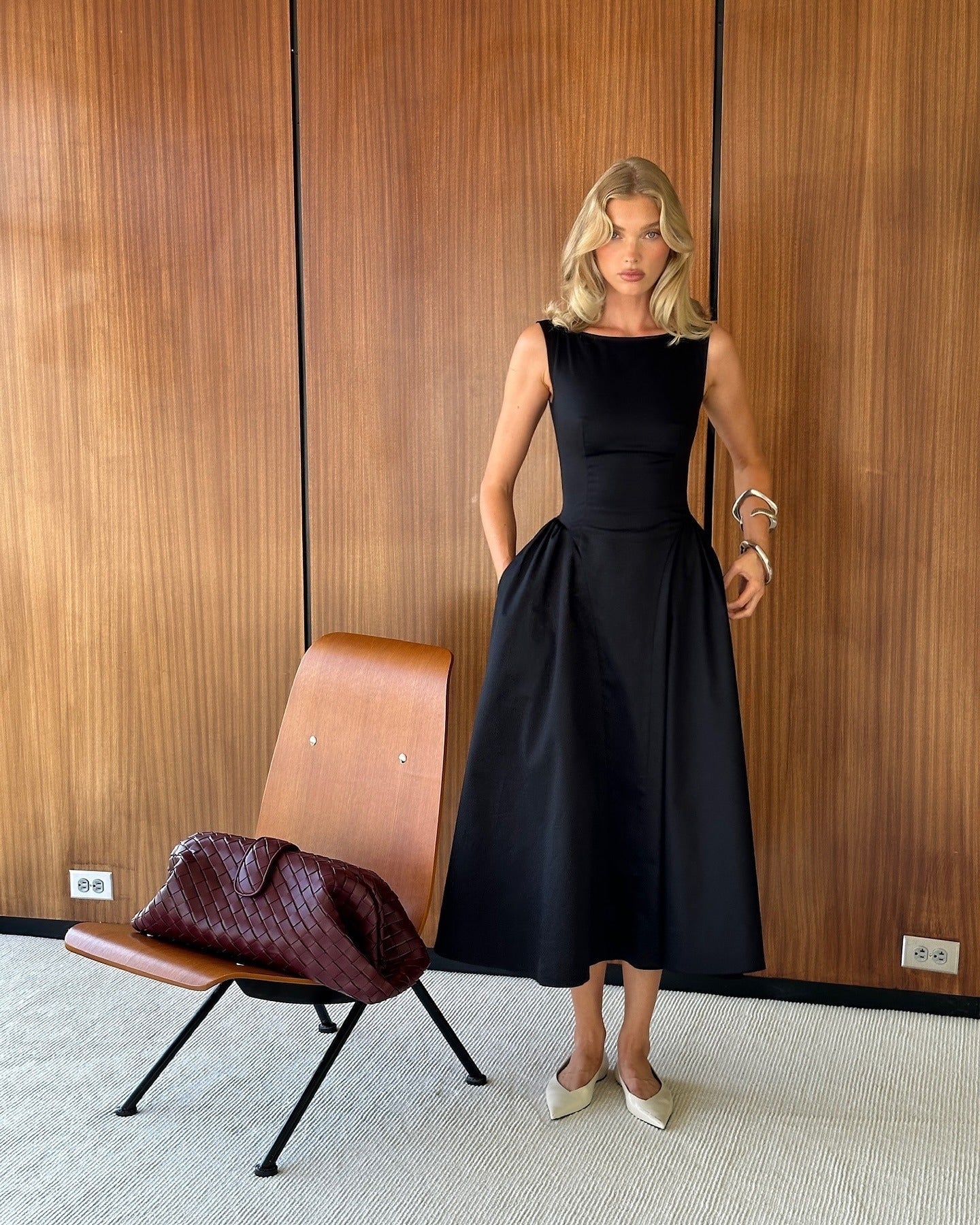 STRETCH SATEEN MIDI DRESS BLACK OCCASION