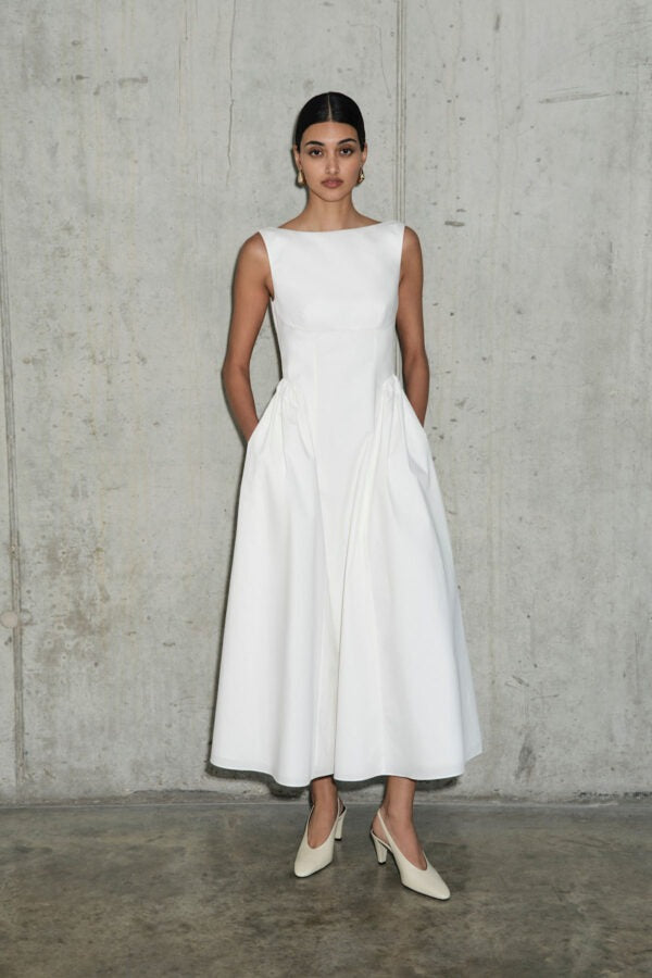 STRETCH COTTON SATEEN MIDI DRESS WHITE WEDDING GUEST