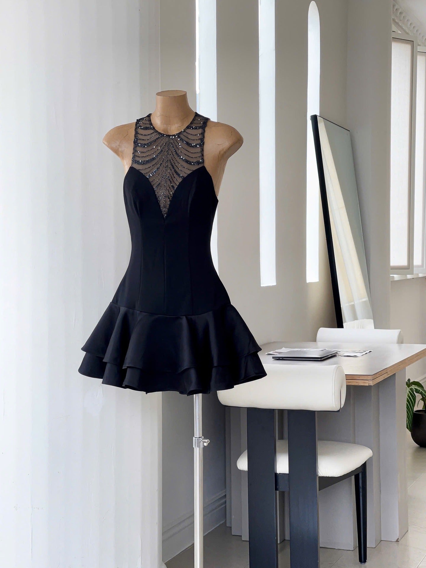 JESSICA SEQUIN TULLE MINI DRESS BLACK