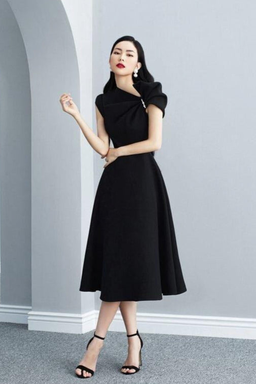 ASYMMETRIC PEARL SLEEVE MIDI DRESS, BLACK