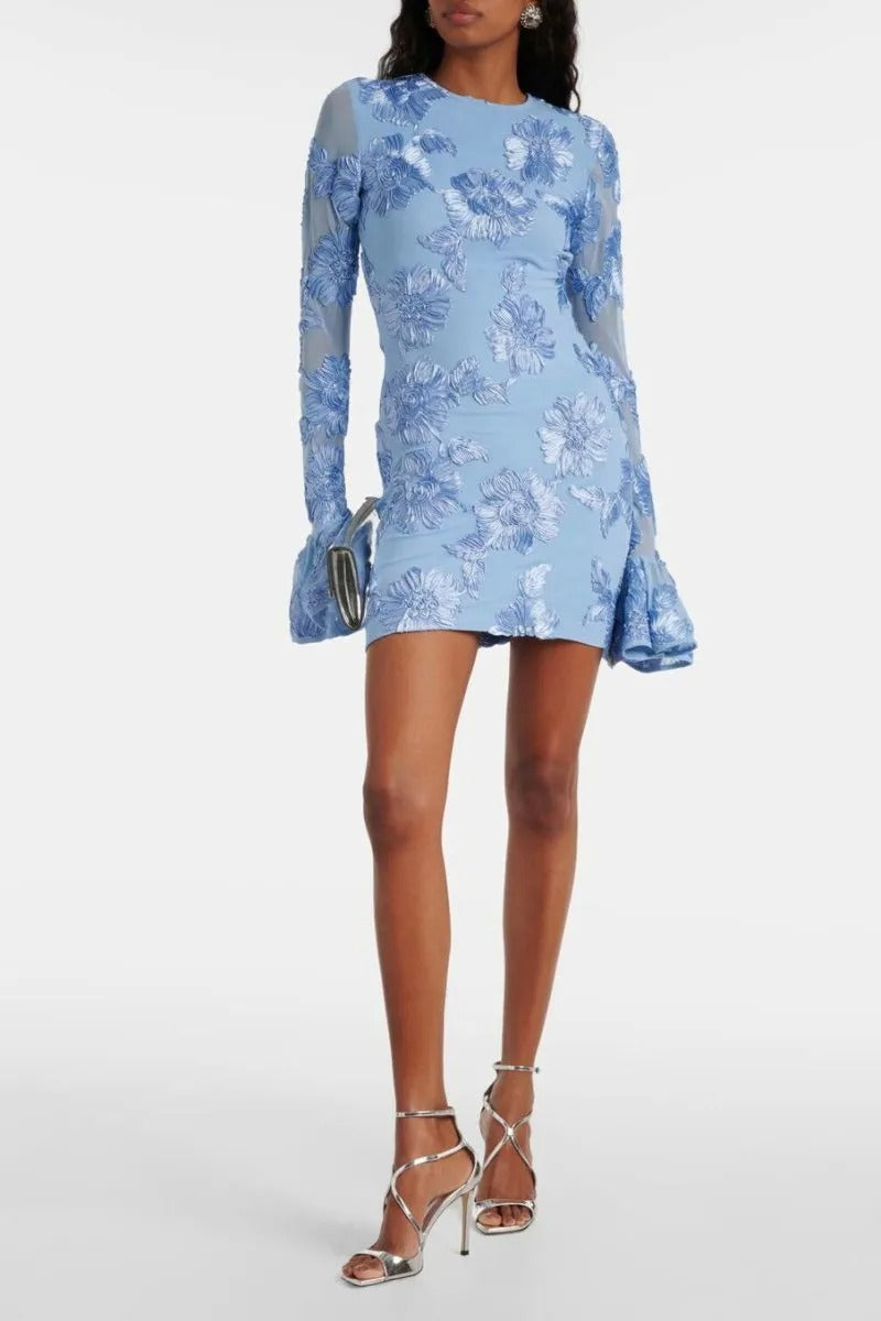 FLORAL EMBROIDERED MESH MINI DRESS BLUE