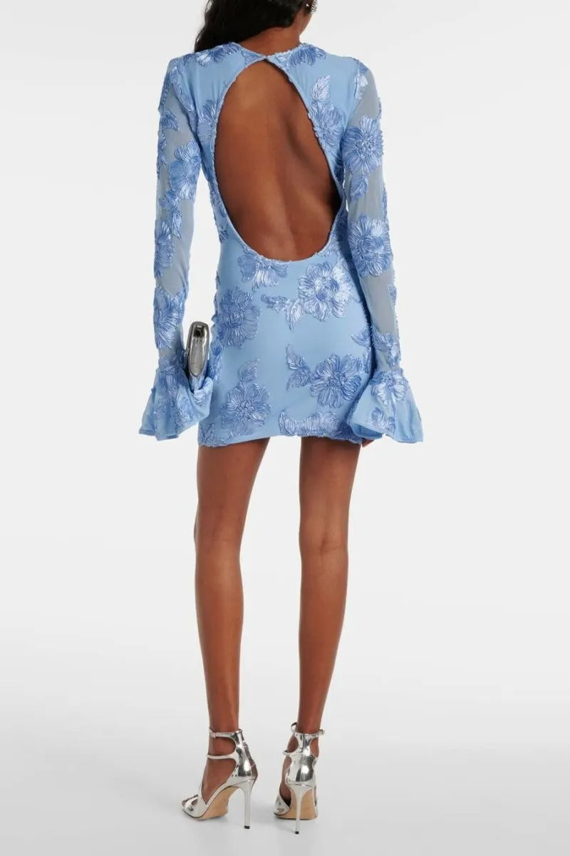 FLORAL EMBROIDERED MESH MINI DRESS BLUE