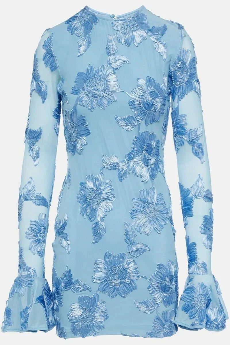 FLORAL EMBROIDERED MESH MINI DRESS BLUE