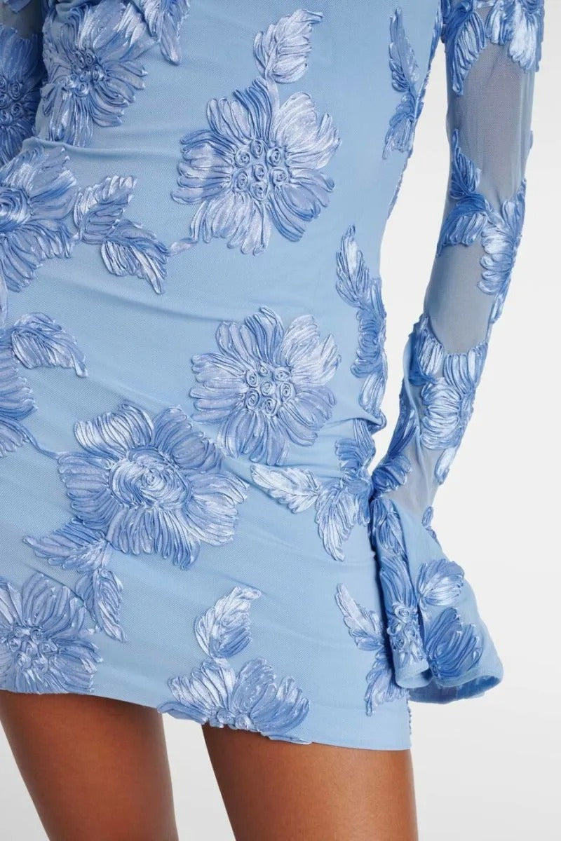 FLORAL EMBROIDERED MESH MINI DRESS BLUE