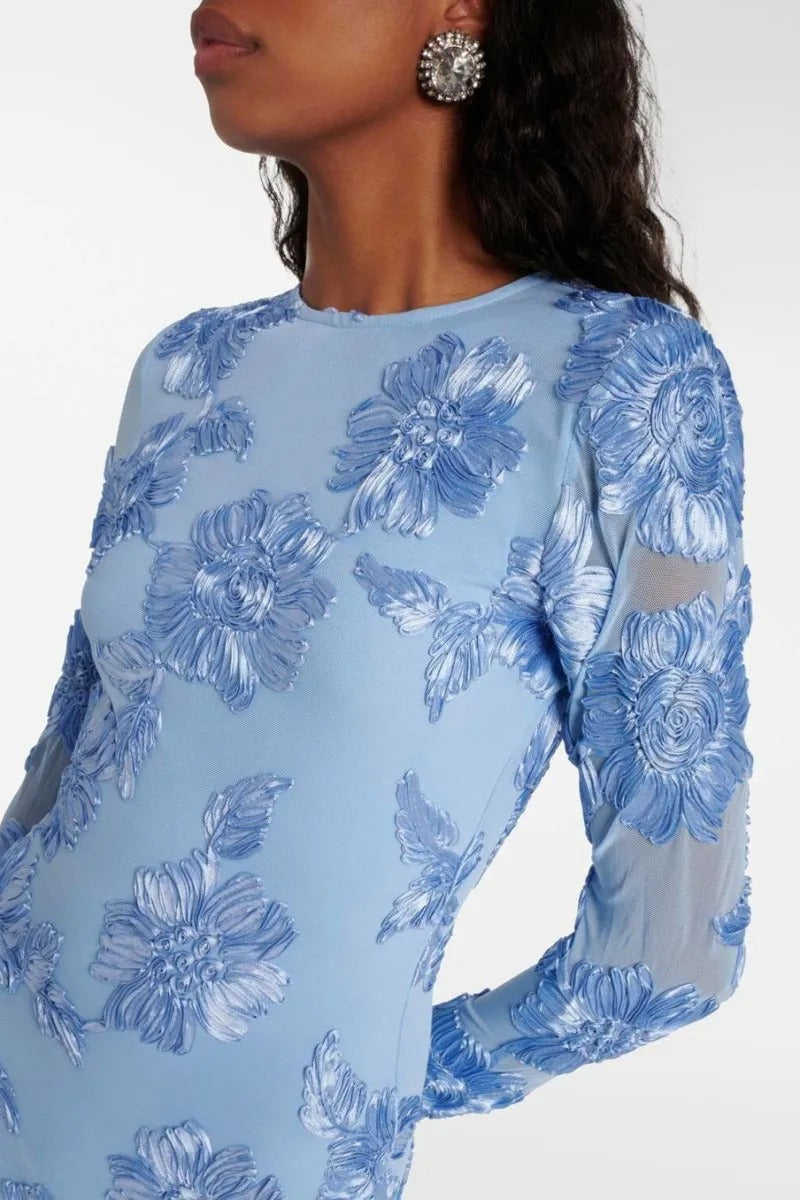 FLORAL EMBROIDERED MESH MINI DRESS BLUE