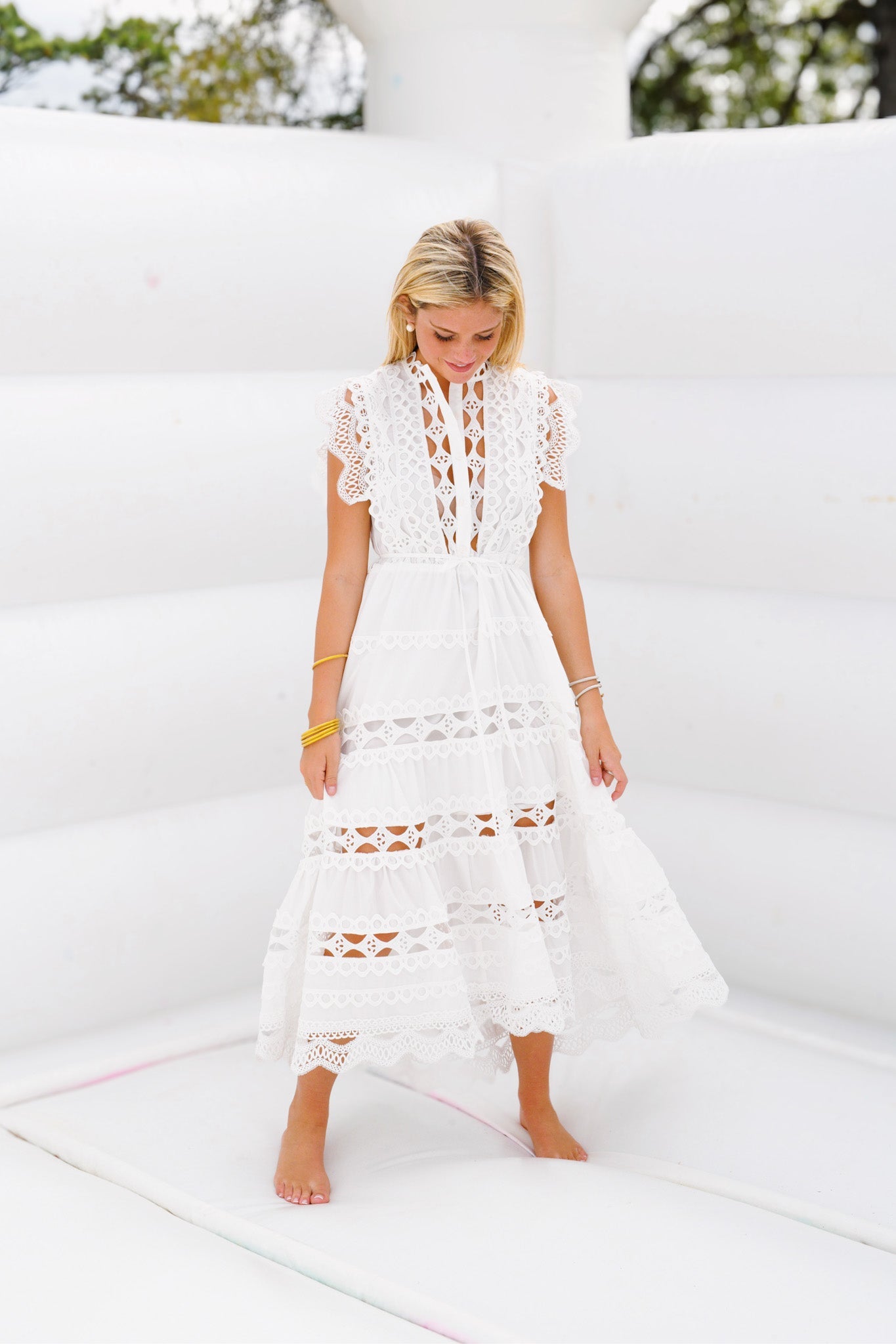 CHRISTY EMBROIDERED BELTED MIDI DRESS WHITE