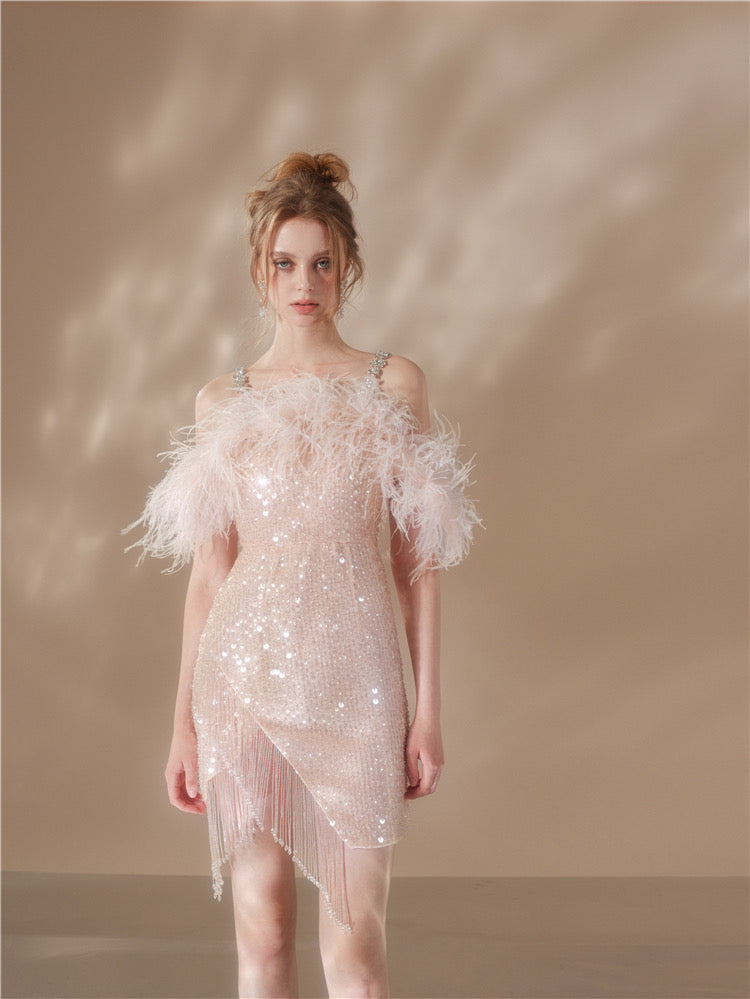 PRISCILLA SEQUIN FEATHER MINI DRESS, PINK