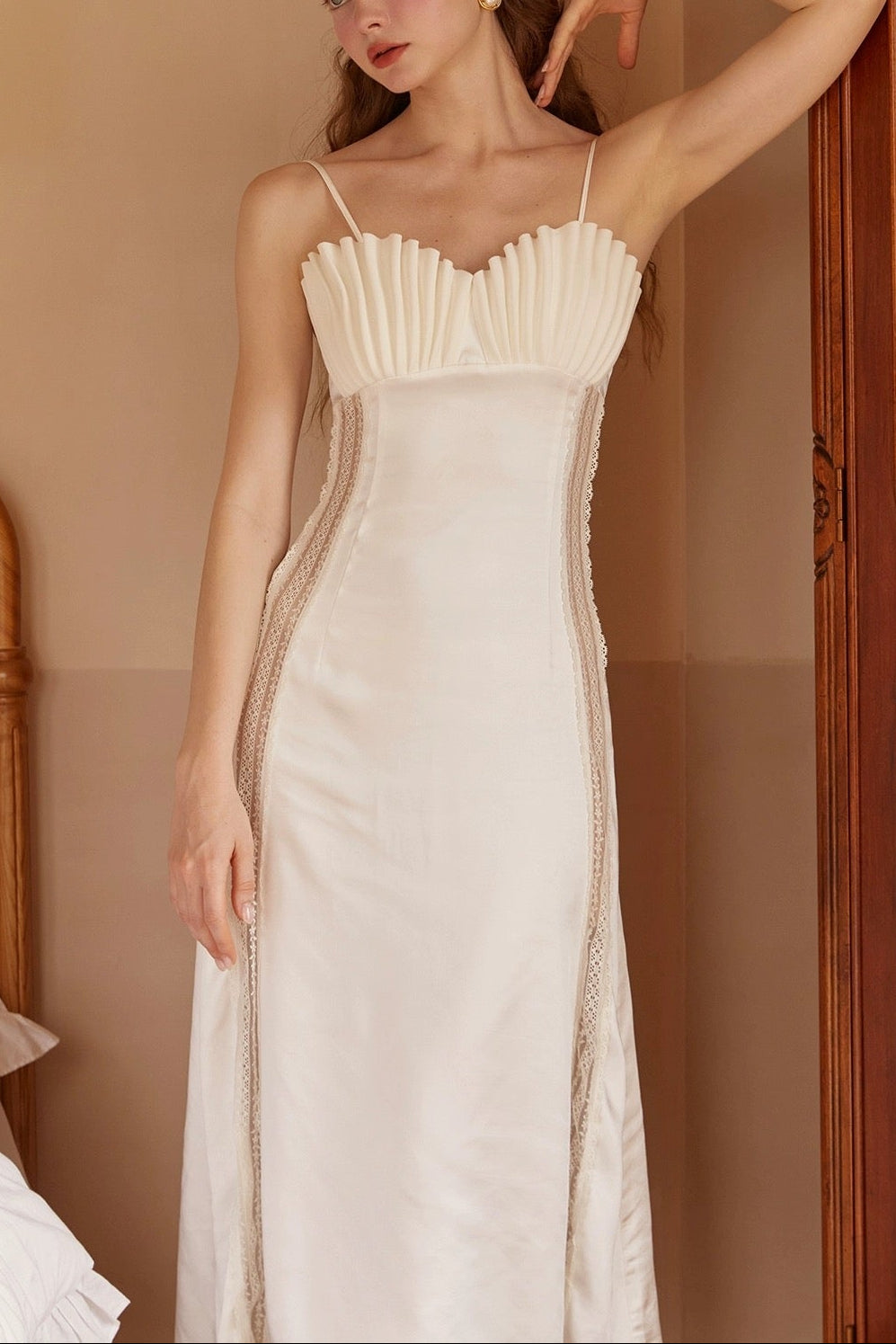 MARJORIE WHITE SATIN PLEATED MIDI DRESS