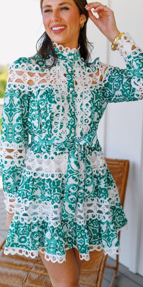Gracie Long Sleeve Hem Dress - Green/White